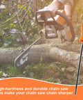Three Piece Chainsaw File Kit With Plastic Handle For Chainsaw Sharpener Pro Grade Durable Steel Files shown with saw in action