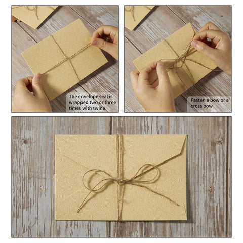 Rustic Ivory White Letter Set With Jute String Seals, envelope being tied with jute twine, showcasing unique sealing method.