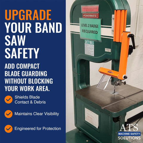 Vertical Band Saw Guard for 15 Inch Plus Saws with 7 Inch Lexan Shield, OSHA and ANSI Compliant, on green band saw
