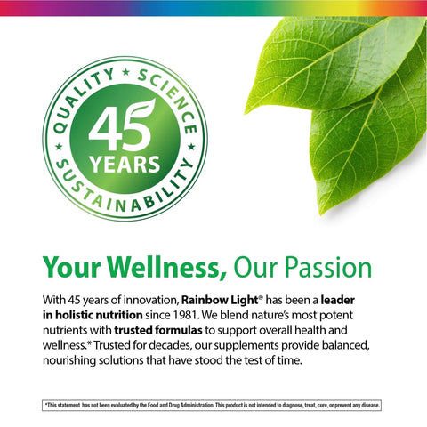 45 years of quality, science, and sustainability badge with green leaves and company wellness message