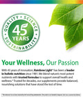 Rainbow Light holistic nutrition focus with "Quality, Science, Sustainability" and green leaves graphic
