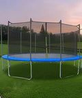 Upgrade Your Yard Game With These Universal Trampoline Replacement Enclosure Poles Set Of Six Straight Tubes And Heavy Duty Split Clamps For Ten To Fifteen Foot Nets Deliver Serious Bounce Back Safety, showcasing a trampoline with enclosure.
