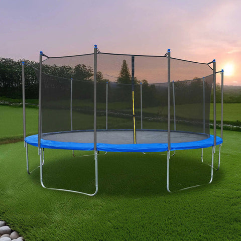 Upgrade Your Yard Game With These Universal Trampoline Replacement Enclosure Poles Set Of Six Straight Tubes And Heavy Duty Split Clamps For Ten To Fifteen Foot Nets Deliver Serious Bounce Back Safety, showcasing a trampoline with enclosure.
