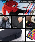 Collage showing various uses of 25 Pack Universal Zipper Pull Replacement Tabs for outdoor clothing, bags, and pouches.
