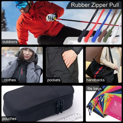 Collage showing various uses of 25 Pack Universal Zipper Pull Replacement Tabs for outdoor clothing, bags, and pouches.