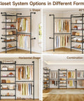 Industrial Pipe Wall Mounted Closet System With Retractable Rods And Heavy Duty Metal Mesh Shelves in L, 45, Horizontal, and Combination shapes.