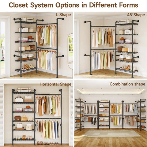 Industrial Pipe Wall Mounted Closet System With Retractable Rods And Heavy Duty Metal Mesh Shelves in L, 45, Horizontal, and Combination shapes.
