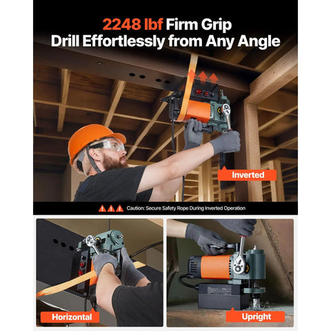 Portable Magnetic Drill Press Delivers Badass Force With A 1300 Watt Motor And Rock Solid Base That Clamps Tight At 2248 Lbf For Zero Hassle Steel Drilling Up To 1.4 Inches Thick, being used at various angles.