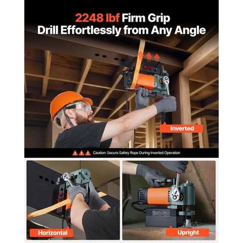 Built Tough As Nails Magnetic Drill Press 1300W 1.4 Inch Boring Rock Solid 2248 Lbs Holding Force in use, drilling from different angles.