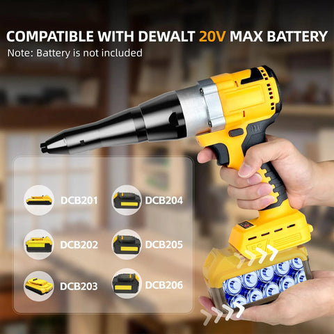Funnywhale Cordless Electric Rivet Gun Fits Dewalt 20V Max, handheld electric tool with black nozzle for fasteners.