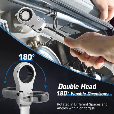 Hand using Extra Long Flex Head Ratcheting Wrench Set, 6 Piece Double Box End Long Reach Metric 8 19mm, CRV Steel