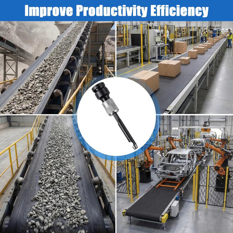 Ultimate Power Hole Punch Tool For Heavy Duty Belt Fastener With 1/2 Inch Drive on conveyor belt in factory setting.