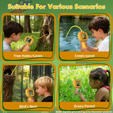 Dope Kids Borescope Camera With Light For Real Time Exploration And 1080P Live Video, A STEM Toy For Ages 3 To 10, The Ultimate Gift For Outdoor Adventures And Nature Discovery. Kids use yellow borescope in tree holes, pond, nest, and grass.