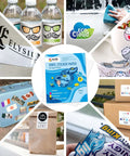Vinyl sticker paper for laser printer, glossy white, 30 sheets, 8.5x11 in; collage of stickers and packaging.