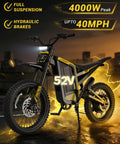 Patrol Electric Bike For Adults And Teens With 4000W Peak Motor And 40 MPH Top Speed, 52V battery, displayed at dusk.