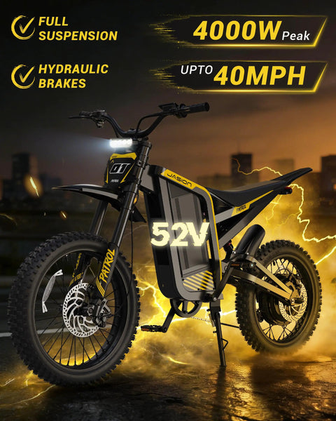 Patrol Electric Bike For Adults And Teens With 4000W Peak Motor And 40 MPH Top Speed, 52V battery, displayed at dusk.
