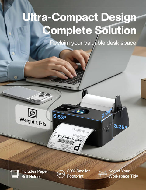 Person using Upgraded Touch Screen Thermal Label Printer For Small Biz, 4x6 Wireless Shipping Label Printer on desk