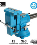 Beefy Rotating Base and Head Bench Vise 6 Inch, 360 Degree Swivel with lockable pin in blue ductile iron, side view