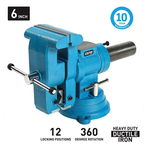Beefy Rotating Base and Head Bench Vise 6 Inch, 360 Degree Swivel with lockable pin in blue ductile iron, side view