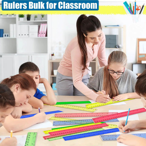 32 Pack 12 Inch Plastic Rulers Set With Transparent Colorful Dual Sided Measuring Tool Featuring Inches Centimeters And Millimeters For Kids Back To School Office And Home Supplies display on classroom table