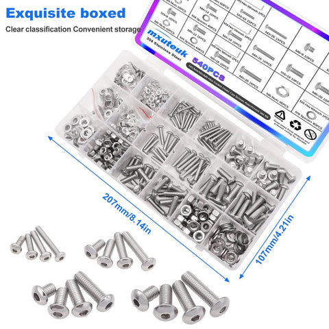 Complete 540-Piece Metric Hex Socket Head Cap Screws And Nuts Kit, M3 To M6, 8Mm To 20Mm Length, 304 Stainless Steel, shown organized