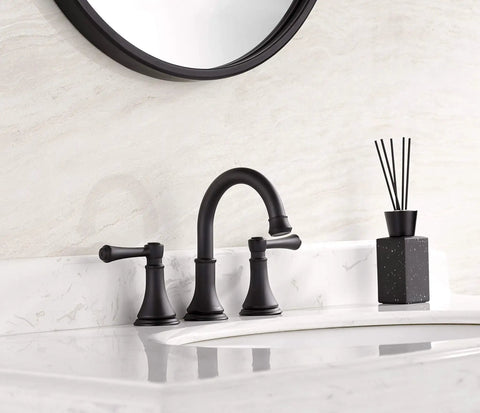 Matte Black Eight Inch Widespread Bathroom Sink Faucet With Three Holes And Pop Up Drain Two Handle Modern Vanity Lavatory Faucet