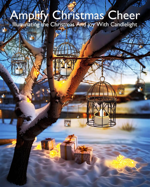 Snowy garden with 8 Pack Solar Tea Lights Outdoor Waterproof Rechargeable Dusk To Dawn Flameless Flickering LED Votive Candles in lanterns.