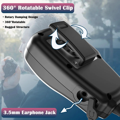 Close-up of 360° rotatable swivel clip on Waterproof IP67 Shoulder Microphone With 2 Pin Connector For Two Way Radios 2025 Upgrade