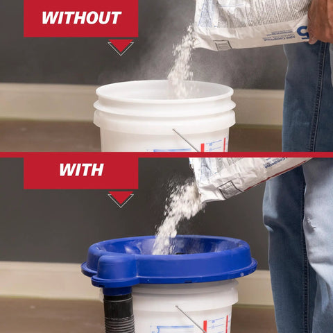 5 Gallon Bucket Dust Collector With High Powered Cyclone Separator And 2 Inch Vacuum Hose Fitting collecting drywall dust during use.