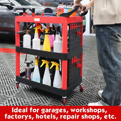 Auto Detailing Cart With Wheels, 3 Tier Car Wash Organizer With Hanging Boards And Hooks, Heavy Duty ABS Construction