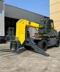 Heavy Duty Telehandler Telescopic Reach Forklift With Enclosed Cab, side view, designed for construction and material handling.