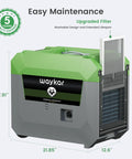 Industrial Grade 150 Pint Commercial Dehumidifier With Built In Pump And Drain Hose, green and gray body, side view with upgraded filter