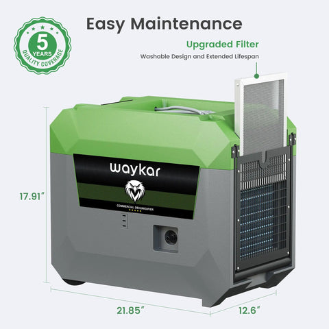 Industrial Grade 150 Pint Commercial Dehumidifier With Built In Pump And Drain Hose, green and gray body, side view with upgraded filter