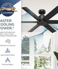 52 Inch Outdoor Indoor Ceiling Fan No Light Matte Black With Damp Rated 6 Blades Standard Mount Wall Control SureSpeed Airflow For Patio Porch Garage Or Living Room shown in living room with airflow visualization.