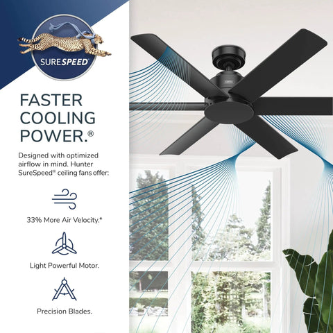 52 Inch Outdoor Indoor Ceiling Fan No Light Matte Black With Damp Rated 6 Blades Standard Mount Wall Control SureSpeed Airflow For Patio Porch Garage Or Living Room shown in living room with airflow visualization.
