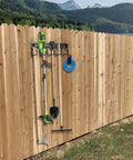 Heavy Duty Metal Garage Tool Organizer Wall Mount Kit Four Pack With Extension Cord Straps Garden Shed Hooks installed on fence