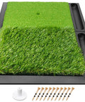 Heavy Duty Golf Hitting Mat With Durable Rubber Base shown with dual turf surfaces and golf tees for practice