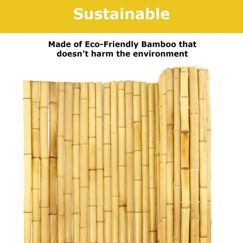 Natural Bamboo Fence Roll Panel 0.75 Inch Thick 6 Foot High By 8 Foot Long showing eco-friendly bamboo construction.