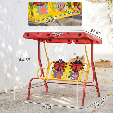 Kids Patio Swing Bench With Adjustable Canopy And Safety Belt 2-Seater Outdoor Swing Chair With Ladybug Pattern