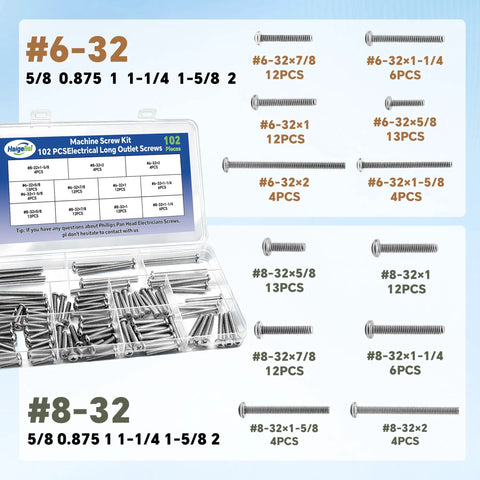 Top Shelf Workhorse 102 Piece Long Outlet Screw Kit With Phillips Pan Head Size 6 32 And 8 32 In Rust Resistant 304 Stainless Steel assortment.