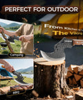 Viking Style Hand Forged 7.9 Inch Meat Cleaver Knife With Hammered Blade displayed in outdoor camping and BBQ settings