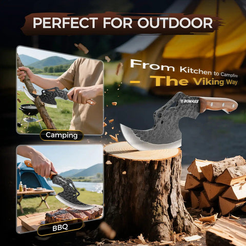 Viking Style Hand Forged 7.9 Inch Meat Cleaver Knife With Hammered Blade displayed in outdoor camping and BBQ settings
