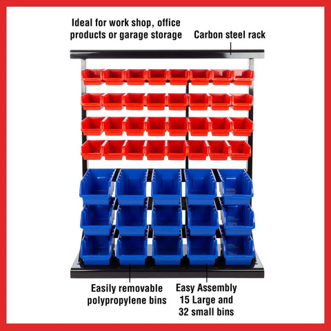 47 Bin Garage Organizer Rack With 15 Large And 32 Small Bins, Tabletop Or Wall Mount Steel Storage with removable bins