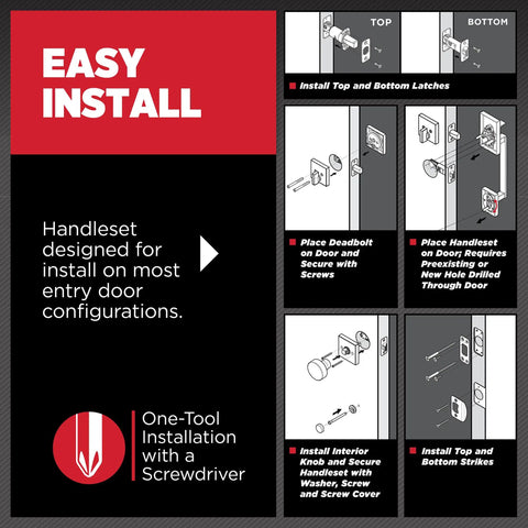 Easy install guide for Prescott Front Door Lock Handle And Deadbolt Set with diagrams and screwdriver symbol.