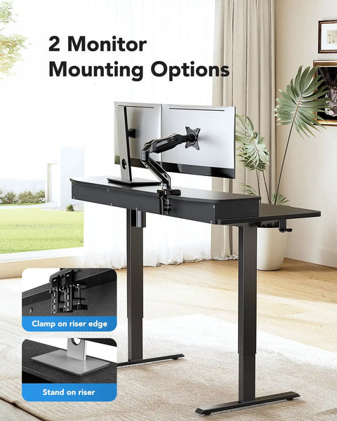 Electric Standing Desk With Two Drawers And Open Storage, 48 By 24 Inch Sit Stand Desk, C Clamp Mount Compatible, Height Adjustable