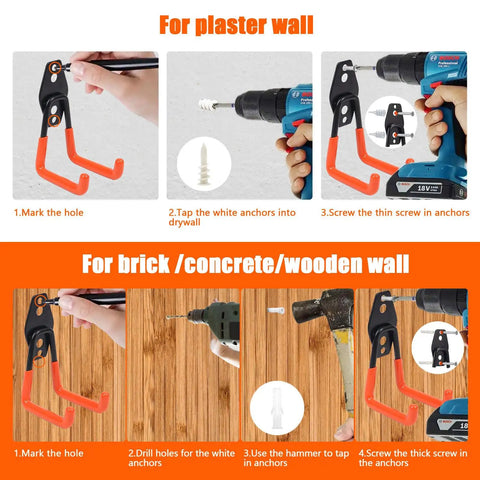 Step-by-step installation of Heavy Duty Garage Storage Hooks 2 Pack Wall Mount Tool Organizer on different wall types