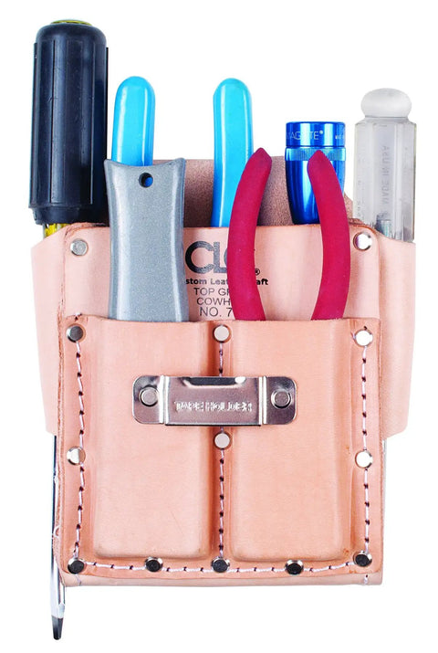 Tan Heavy Duty 5 Pocket Tool Pouch For Belts Up To 2 3/4 Inches with tools, rugged front pockets and screwdriver loops