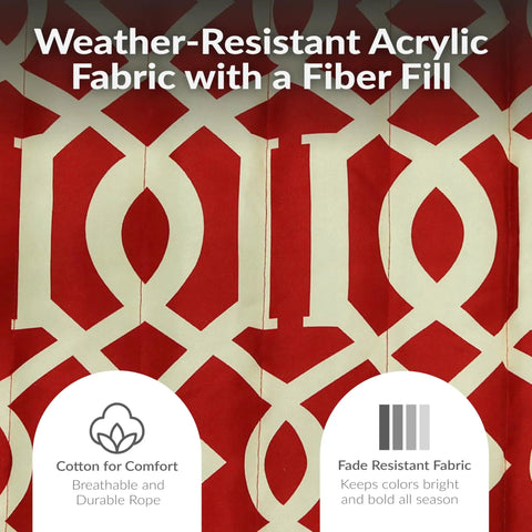 Close-up of Royal Red Rope Hammock fabric showing weather-resistant acrylic with fiber fill, part of hammock set description.