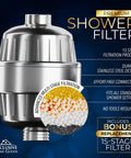 High Pressure Rainfall Shower Head Set That Delivers A Real Deal Clean By Filtering Chlorine, Heavy Metals And Impurities While Softening Water, 15 Stage Filtration With KDF 55 Activated Carbon, 90 Jets And 360 Degree Rotation For A Dope Shower, showing the premium shower filter component.
