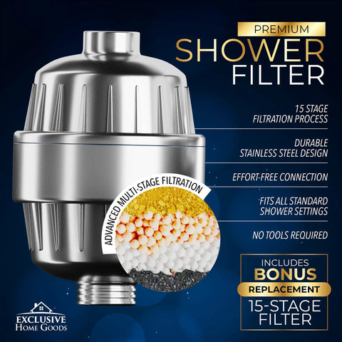 High Pressure Rainfall Shower Head Set That Delivers A Real Deal Clean By Filtering Chlorine, Heavy Metals And Impurities While Softening Water, 15 Stage Filtration With KDF 55 Activated Carbon, 90 Jets And 360 Degree Rotation For A Dope Shower, showing the premium shower filter component.